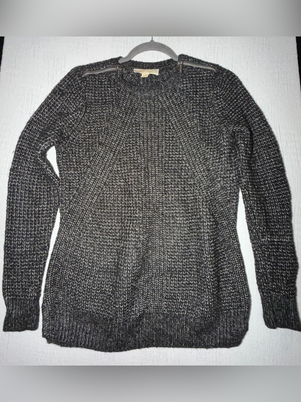 Michael Kors Marled Knit Shoulder Zip Sweater XS Gray Black Chunky Crewneck Cozy